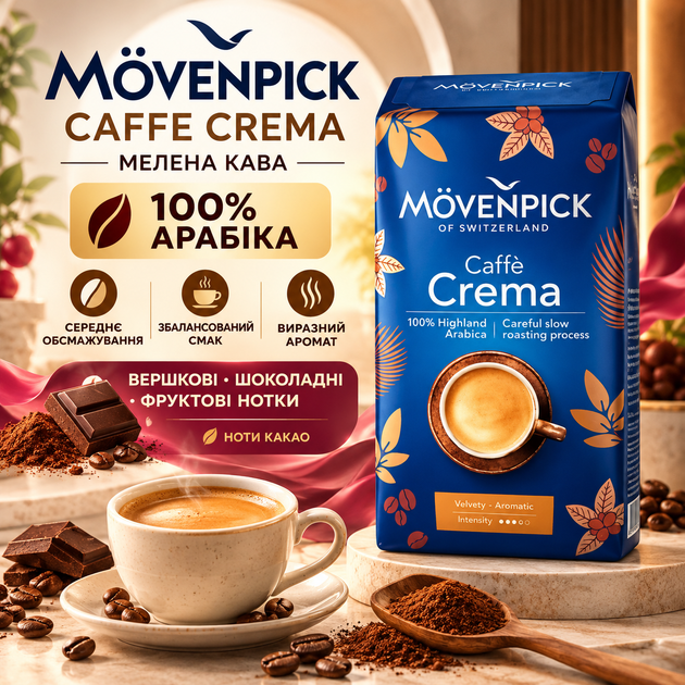 Кофе молотый 510 г 100% арабика Movenpick Caffe Crema средней обжарки молотый кофе сливочный фруктовый шоколадный вкус ноты какао ароматный сбалансированный вакуумная упаковка - Фото 1 Кофе молотый 510 г 100% арабика Movenpick Caffe Crema средней обжарки молотый кофе сливочный фруктовый шоколадный вкус ноты какао ароматный сбалансированный вакуумная упаковка - изображение 1