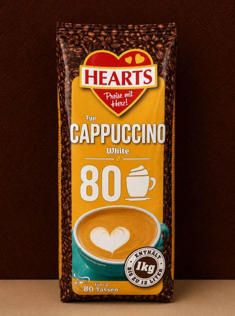 Капучино растворимый Hearts Cappuccino White 1010 г сливочный кофейный напиток порошковый с густой молочной пенкой кремовой текстурой насыщенным ароматом нежным вкусом быстрого приготовления для дома офиса путешествий - Фото 5 Капучино растворимый Hearts Cappuccino White 1010 г сливочный кофейный напиток порошковый с густой молочной пенкой кремовой текстурой насыщенным ароматом нежным вкусом быстрого приготовления для дома офиса путешествий - изображение 5