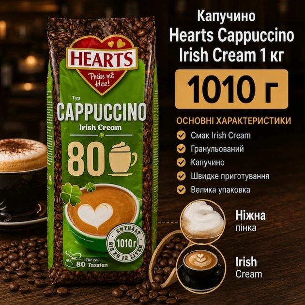 Капучино розчинний Hearts Cappuccino Irish Cream 1010 г кавовий напій Айріш Крем з ніжною молочною пінкою вершковим смаком насиченим ароматом швидкого приготування для дому та офісу - зображення 2