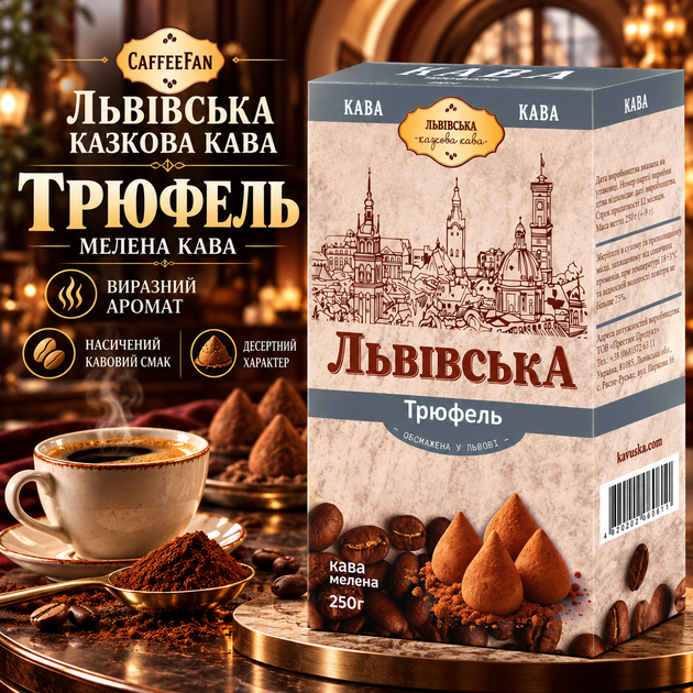 Кофе молотый 250 г Львовский сказочный кофе Трюфель ароматный с насыщенным вкусом десертными нотками для ежедневного заваривания дома утренней чашки кофейного перерыва - Фото 1 Кофе молотый 250 г Львовский сказочный кофе Трюфель ароматный с насыщенным вкусом десертными нотками для ежедневного заваривания дома утренней чашки кофейного перерыва - изображение 1