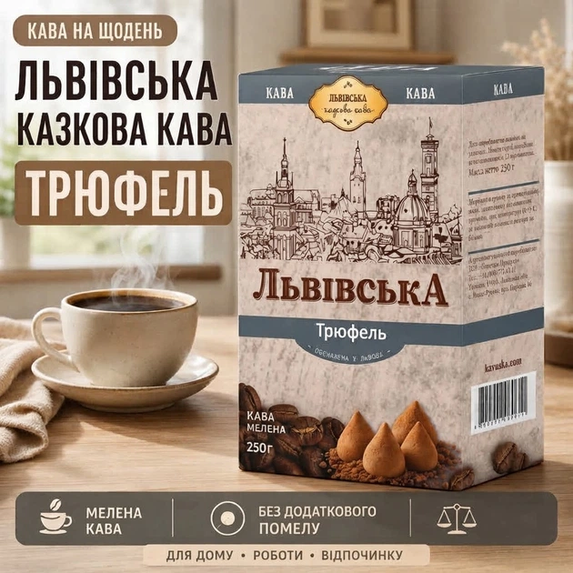Кофе молотый 250 г Львовский сказочный кофе Трюфель ароматный с насыщенным вкусом десертными нотками для ежедневного заваривания дома утренней чашки кофейного перерыва - Фото 2 Кофе молотый 250 г Львовский сказочный кофе Трюфель ароматный с насыщенным вкусом десертными нотками для ежедневного заваривания дома утренней чашки кофейного перерыва - изображение 2