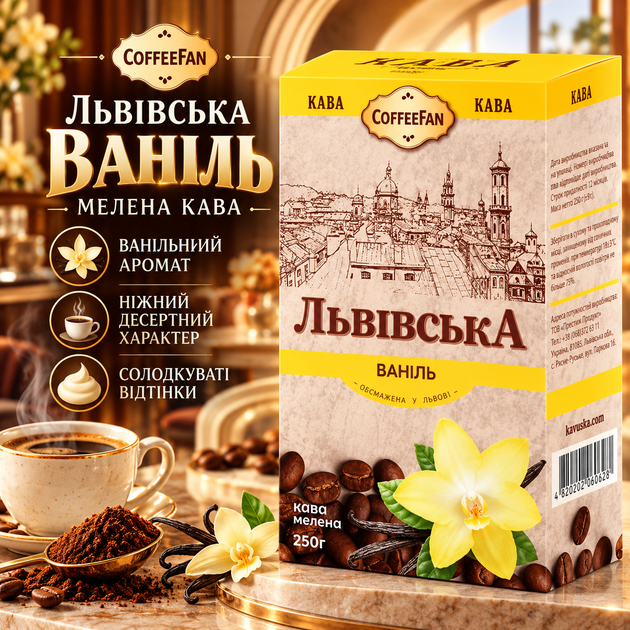 Кофе молотый 250 г CoffeeFan Львовский Ваниль ароматизированный с ванильным ароматом нежными сладковатыми нотками десертным вкусом для ежедневного заваривания домашнего приготовления утреннего кофе - Фото 1 Кофе молотый 250 г CoffeeFan Львовский Ваниль ароматизированный с ванильным ароматом нежными сладковатыми нотками десертным вкусом для ежедневного заваривания домашнего приготовления утреннего кофе - изображение 1