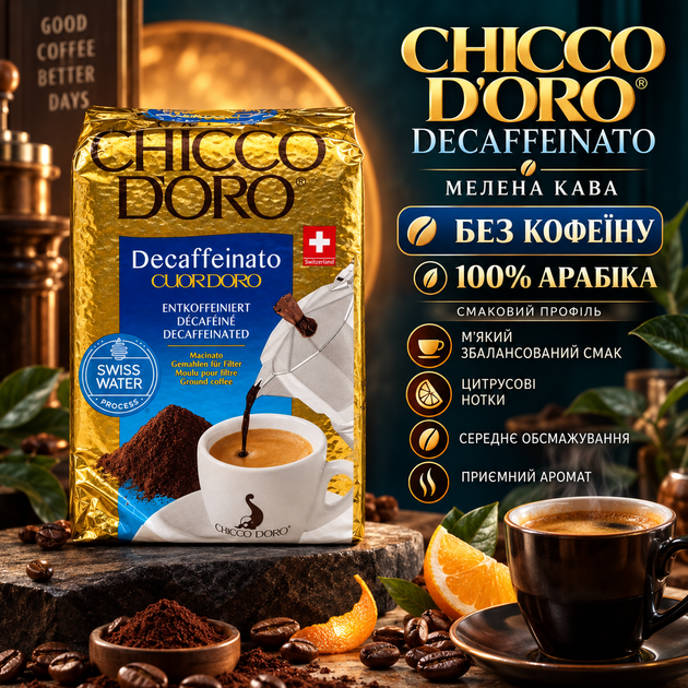 Кава мелена без кофеїну 260 г 100% арабіка Chicco d'Oro Decaffeinato середнього обсмаження декаф натуральна кава з цитрусовими нотами для кавоварки кавомашини френч-преса - Фото 1 Кава мелена без кофеїну 260 г 100% арабіка Chicco d'Oro Decaffeinato середнього обсмаження декаф натуральна кава з цитрусовими нотами для кавоварки кавомашини френч-преса - зображення 1