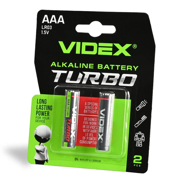 Батарейка лужна Videx LR03/AAA Turbo 2шт BLISTER VIDEX (24239-000) - Фото 2 Батарейка лужна Videx LR03/AAA Turbo 2шт BLISTER VIDEX (24239-000) - зображення 2