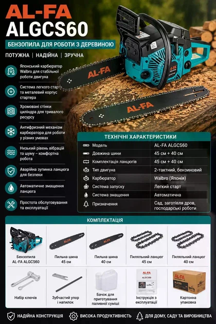 Пила бензиновая ALFA ALGCS60 4.8KBT 52 куб.см алюминиевый корпус +2 шины +2 цепи - изображение 2