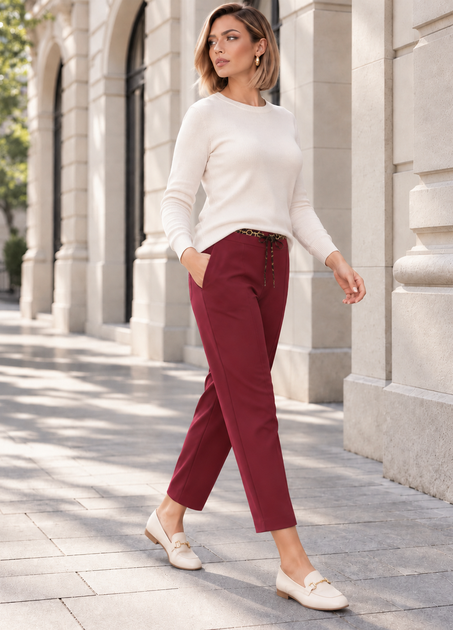Стрейчеві брюки зі стрілками та леопардовим поясом бордові Italy Moda 15-609 - бордовий - L-XXL - Фото 2 Стрейчеві брюки зі стрілками та леопардовим поясом бордові Italy Moda 15-609 - бордовий - L-XXL - изображение 2