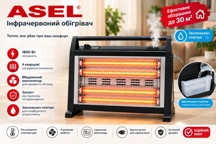 Инфракрасный кварцевый обогреватель Asel Violet 1800 Вт с увлажнителем воздуха и вентилятором - изображение 3