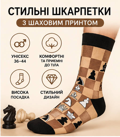Шкарпетки унісекс високі з шаховим принтом Chess, чоловічі та жіночі, бежево-коричневі, розмір 36–44 - изображение 3