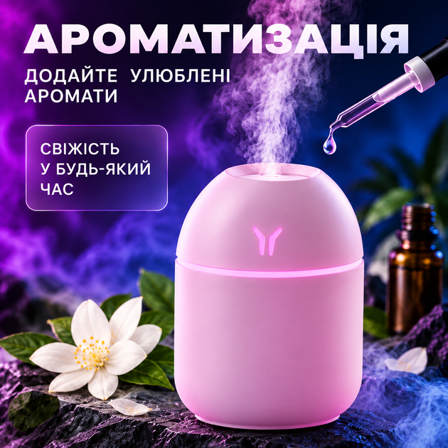 Зволожувач повітря з підсвіткою аромадифузор портативний зволожувач повітря в машину ароматичний дифузор USB нічник у дитячу нічник аромадифузор Humidifier 250ml Pink Hofmy QQ-18 - зображення 2