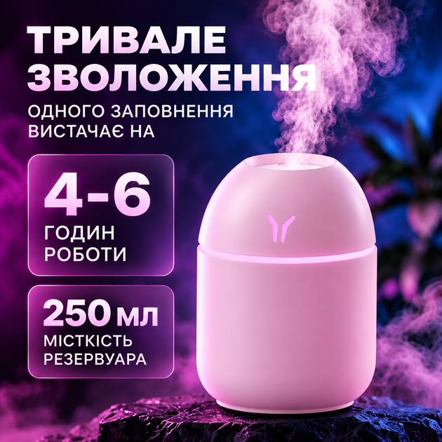 Зволожувач повітря з підсвіткою аромадифузор портативний зволожувач повітря в машину ароматичний дифузор USB нічник у дитячу нічник аромадифузор Humidifier 250ml Pink Hofmy QQ-18 - зображення 6