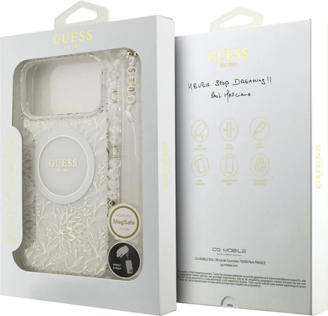 Etui na smartfon Guess IML Flowers Allover Electroplated with Pearl Strap MagSafe do Apple iPhone 18 Pro Max / Apple iPhone 17 Pro Max Białe (3666339673468) - obraz 7