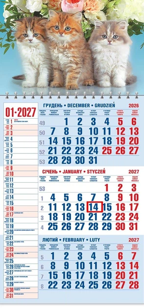 Календар настінний 2027 офісний 1. Тріо котиків та букет квітів - Фото 1 Календар настінний 2027 офісний 1. Тріо котиків та букет квітів - изображение 1