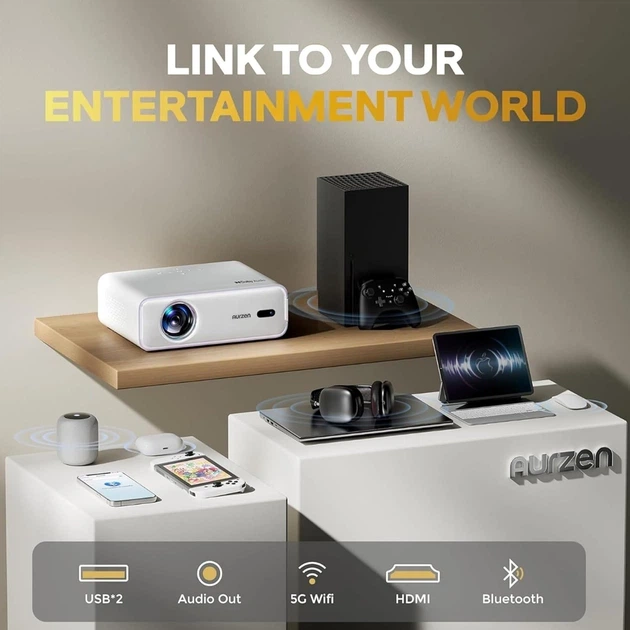 Відеопроектор Aurzen EAZZE D1 з WiFi та Bluetooth Вбудований додаток, роздільна здатність 1080P, HDR10, автофокус/корекції трапецієподібних спотворень, DoIby Audio, динаміки потужністю 16 Вт - зображення 2