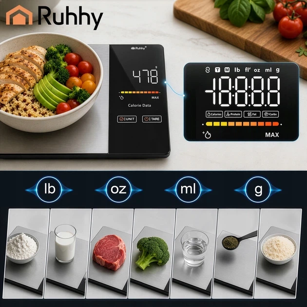 Умные кухонные весы Ruhhy 24632 до 5 кг, Bluetooth, КБЖУ, точность 1 г, нержавеющая сталь - изображение 7