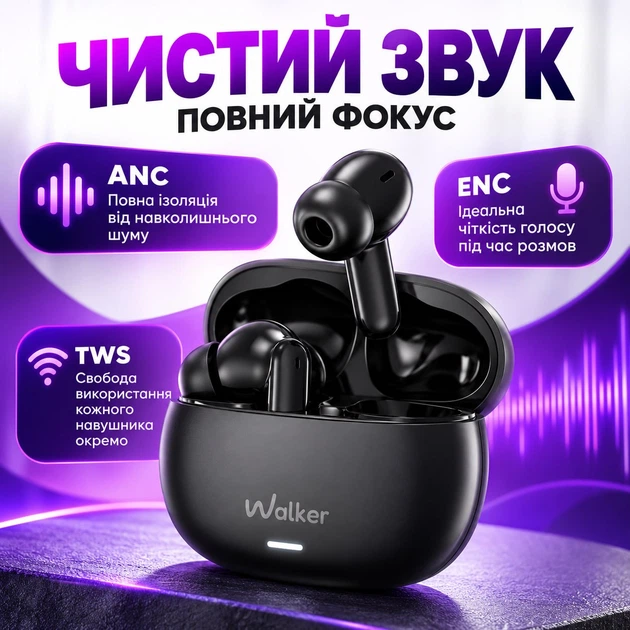 Навушники Bluetooth WALKER WTS-67 ANC+ENC black - Фото 1 Навушники Bluetooth WALKER WTS-67 ANC+ENC black - изображение 1