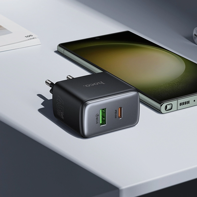 Мережевий зарядний пристрій HOCO C158A Upgrade PD45W(1C1A) charger(EU) Black - изображение 7