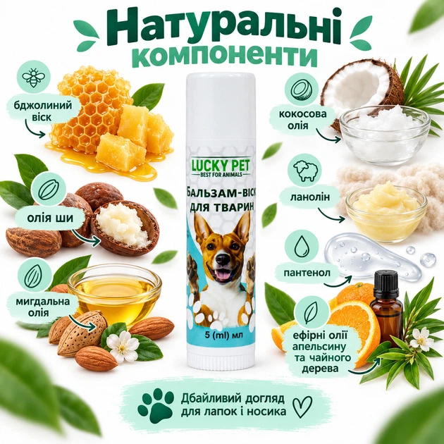 Бальзам-віск для лап і носа тварин Lucky Pet у стіку, 5 мл - Фото 2 Бальзам-віск для лап і носа тварин Lucky Pet у стіку, 5 мл - зображення 2
