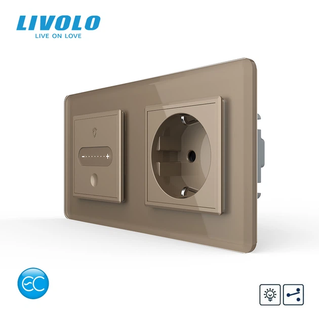 Умный сенсорный проходной диммер с розеткой LIVOLO 16А 230В с заземлением, шторки, золотой 2.5D, стекло - Фото 1 Умный сенсорный проходной диммер с розеткой LIVOLO 16А 230В с заземлением, шторки, золотой 2.5D, стекло - изображение 1
