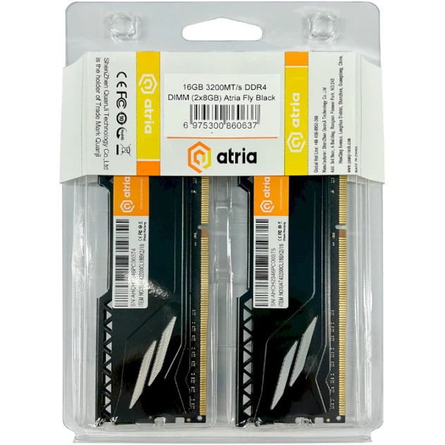 Оперативная память ATRIA Fly 16GB Kit 2x8GB DIMM DDR4 3200MHz Black (UAT43200CL18BK2/16) - Фото 3 Оперативная память ATRIA Fly 16GB Kit 2x8GB DIMM DDR4 3200MHz Black (UAT43200CL18BK2/16) - изображение 3