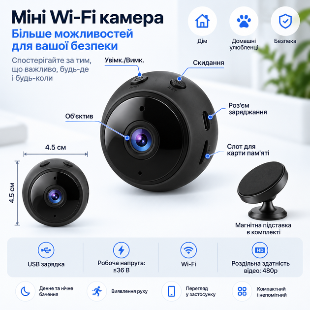 Мини Wi-Fi камера видеонаблюдения с датчиком движения и магнитным креплением - изображение 2