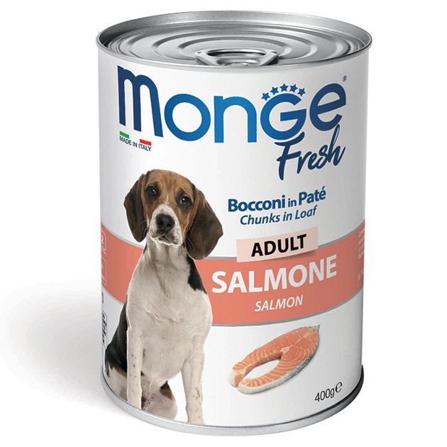Консервированный корм Monge Dog FRESH – консервированный корм с лососем для взрослых собак всех пород (кусочки в паштете) 400 г (70014632) - Фото 1 Консервированный корм Monge Dog FRESH – консервированный корм с лососем для взрослых собак всех пород (кусочки в паштете) 400 г (70014632) - изображение 1
