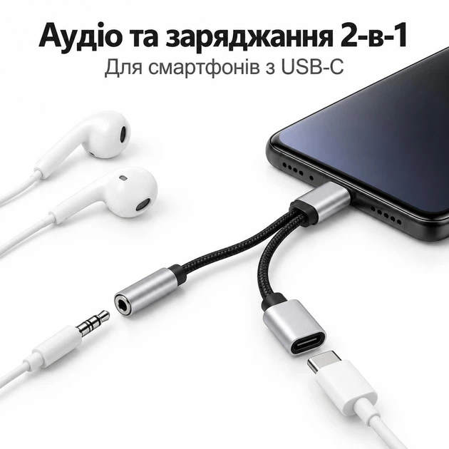 Адаптер Type-C - 3.5 мм + зарядка PD 60W Stone 2 в 1 нейлон (ST-USBC2in1-01) - изображение 7