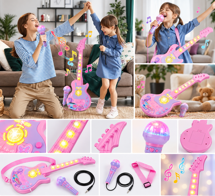 Детская гитара с микрофоном Musical Guitar световые эффекты музыка сенсорные кнопки подключения телефона - изображение 2