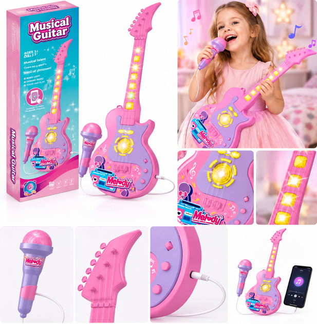 Детская гитара с микрофоном Musical Guitar световые эффекты музыка сенсорные кнопки подключения телефона - изображение 5