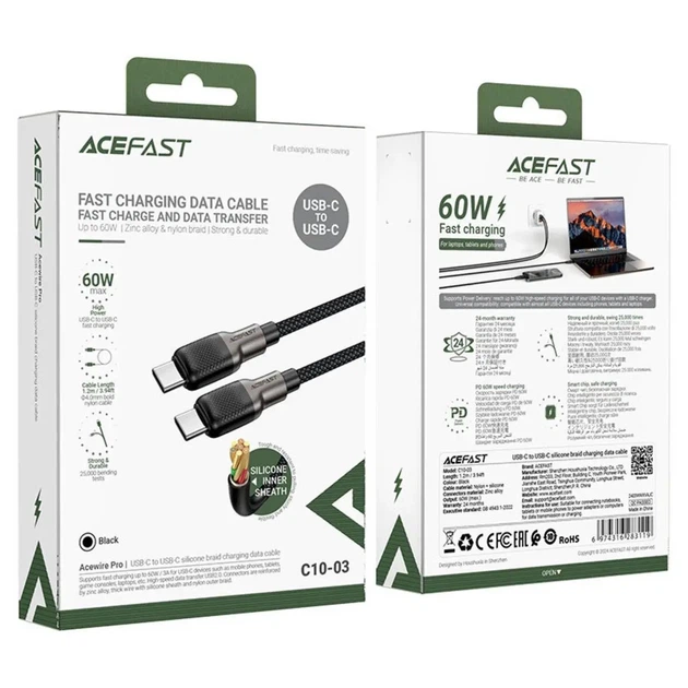 Кабель ACEFAST C10-03 USB-C USB-C, 60W, 3A, 1,2 м, чорний - Фото 1 Кабель ACEFAST C10-03 USB-C USB-C, 60W, 3A, 1,2 м, чорний - изображение 1