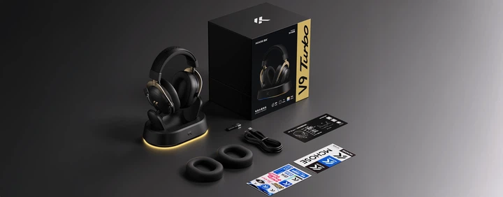 Ігрова гарнітура MCHOSE V9 Turbo+, 60 мм, 7.1 Surround, 2000 мА·год, 2.4 ГГц/Bluetooth/USB-C, RGB-станція, Black Gold - Фото 3 Ігрова гарнітура MCHOSE V9 Turbo+, 60 мм, 7.1 Surround, 2000 мА·год, 2.4 ГГц/Bluetooth/USB-C, RGB-станція, Black Gold - изображение 3