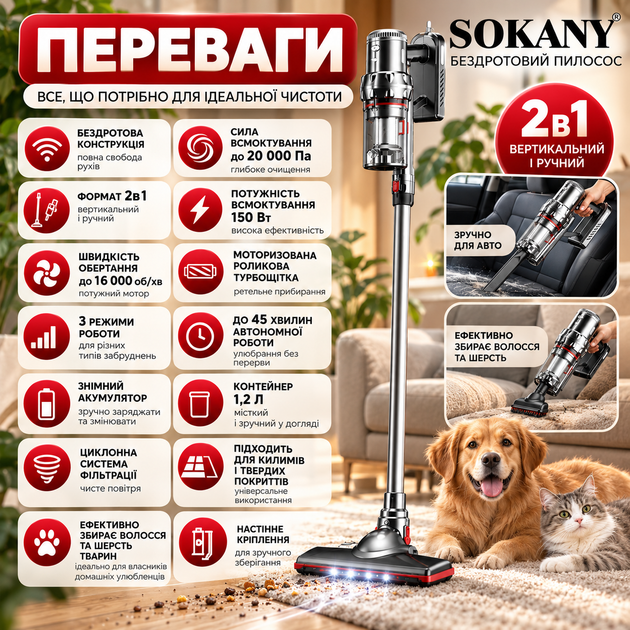 Акумуляторний пилосос Sokany 2000 Вт 20 000 Па бездротовий вертикальний ручний 2в1 з турбощіткою для сухого прибирання - изображение 2