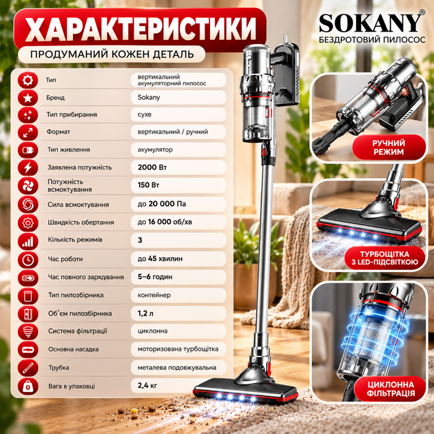 Акумуляторний пилосос Sokany 2000 Вт 20 000 Па бездротовий вертикальний ручний 2в1 з турбощіткою для сухого прибирання - изображение 3