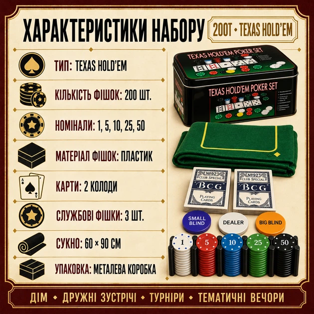 Покерний набір для гри в Техаський холдем на 200 покерних фішок 2 колоди карт сукно 60×90 сантиметрів металева коробка - зображення 9