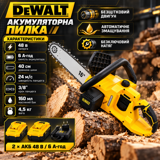 Акумуляторна ланцюгова пилка DeWalt 48 В 6 А·год безщіткова електропила з шиною 40 см 2 акумуляторами швидкістю ланцюга 24 м/с безключовим натягуванням автоматичним змащуванням - зображення 4