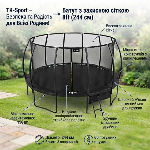 Батут TK-Sport диаметр 244 см (8ft) с защитной сеткой и лестницей пружинный черный для дачи - изображение 2