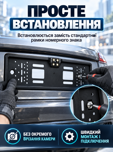 Рамка для номера со встроенной камерой заднего вида, камера и авторамка с LED подсветкой угол обзора 170° Euromax - изображение 2