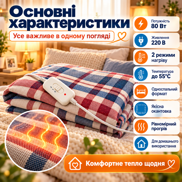 Простирадло з підігрівом 120×160 см, електропростирадло 80 Вт з регулятором температури, 2 режими нагріву - зображення 2