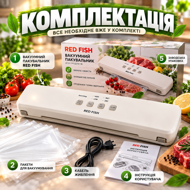 Акумуляторний вакуумний пакувальник Red Fish для продуктів з пакетами бездротовий портативний вакууматор для зберігання їжі - изображение 4