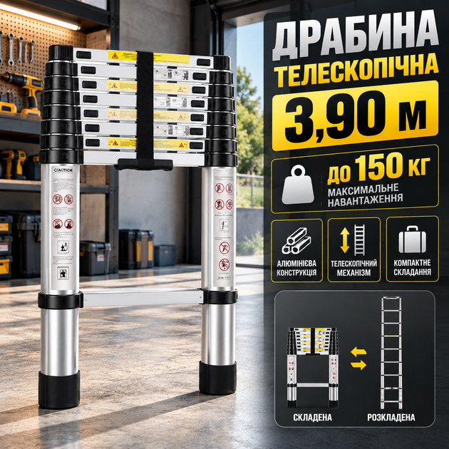 Драбина телескопічна 3,90 м алюмінієва розкладна складна 150 кг приставна переносна для дому ремонту будівництва робіт на висоті компактна - Фото 1 Драбина телескопічна 3,90 м алюмінієва розкладна складна 150 кг приставна переносна для дому ремонту будівництва робіт на висоті компактна - зображення 1