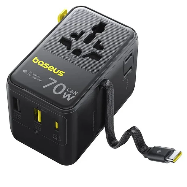 Мережевий перехідник Baseus CG11 75W із висувним кабелем 2USB-A/3xType-C/1 розетка чорний - Фото 2 Мережевий перехідник Baseus CG11 75W із висувним кабелем 2USB-A/3xType-C/1 розетка чорний - зображення 2