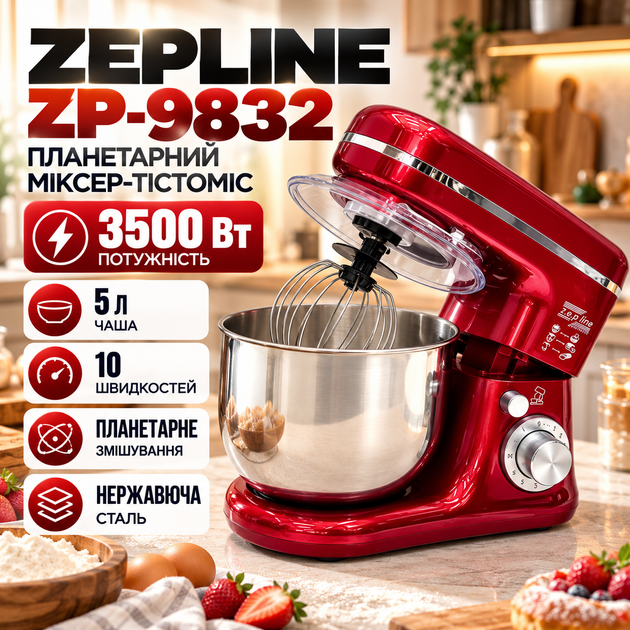 Кухонный комбайн Zepline планетарный 3500 Вт ZP-9832 тестомес для дома 5 л миксер стационарный 3в1 для густого теста крема белков 10 скоростей нержавеющая сталь тестомесильная машина Красный - Фото 1 Кухонный комбайн Zepline планетарный 3500 Вт ZP-9832 тестомес для дома 5 л миксер стационарный 3в1 для густого теста крема белков 10 скоростей нержавеющая сталь тестомесильная машина Красный - изображение 1