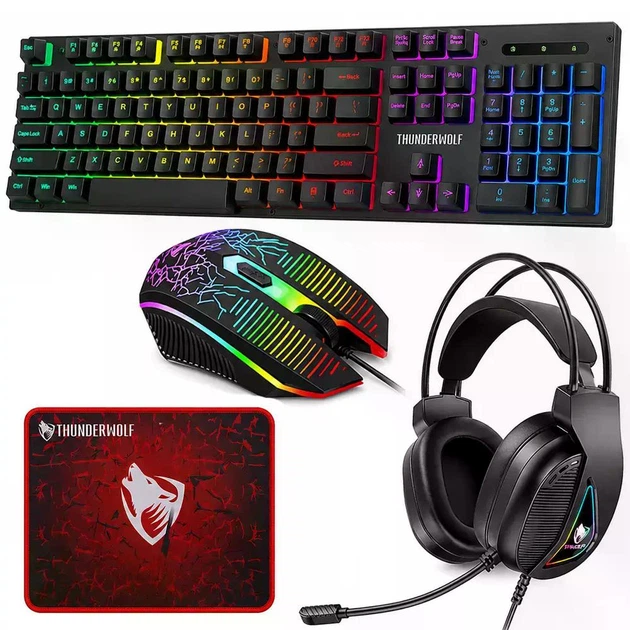 Геймерский проводной комплект для ПК T-Wolf TF-400 Gaming Combo с ковриком и эргономичным дизайном мыши, чёрный игровой набор для геймера 4 в 1 с мембранной клавиатурой и подсветкой наушников - изображение 8
