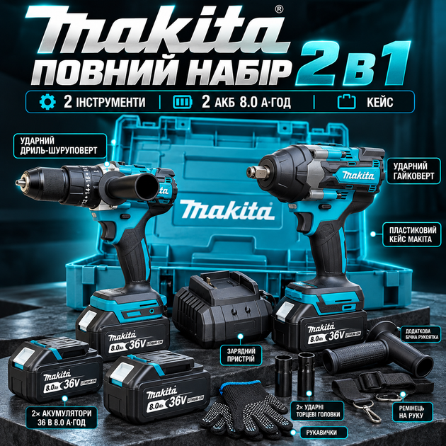 Набір акумуляторних інструментів Makita 2в1 36 В 8 А·год ударний гайковерт 800 Нм безщітковий дриль шурупокрут 95 Нм з 2 АКБ LED підсвічуванням кейсом - зображення 2