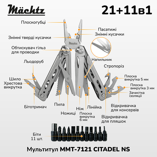 Мультитул Mächtz MMT-7121 CITADEL NS 21+11в1, многофункциональный инструмент, Natural Silver - изображение 4