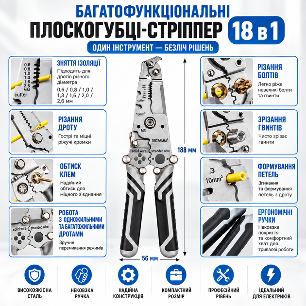 Складні плоскогубці 18 в 1 для зачистки дротів, стрипер, кримпер, кусачки та кабельний різак для електромонтажних робіт - зображення 8
