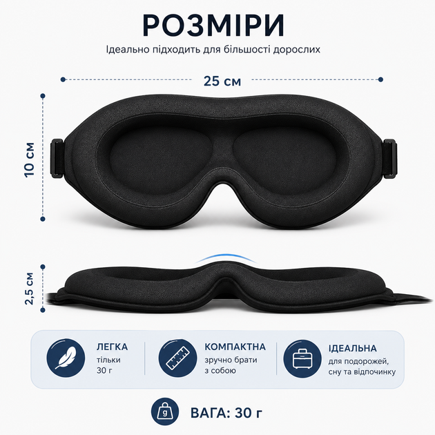 Маска для сну 3D пов'язка на очі з берушами та футляром для подорожей чорна (C6690) - изображение 6