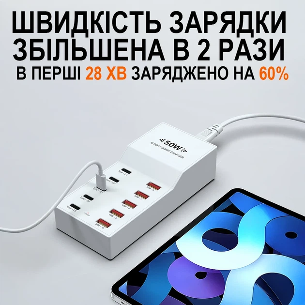 Сетевое зарядное устройство Addap WLX-T6 10 USB-портов 50W огнеупорное белое - изображение 7