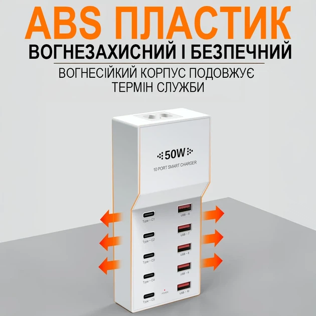 Сетевое зарядное устройство Addap WLX-T6 10 USB-портов 50W огнеупорное белое - изображение 9