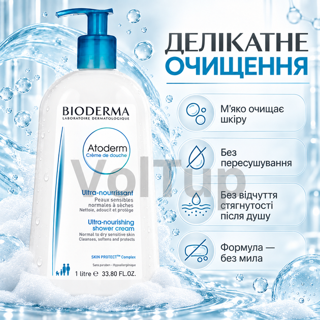 Крем-гель для душа BIODERMA Atoderm Ultra-Nourishing 1 л, питательное увлажняющее средство для сухой и чувствительной кожи - изображение 2