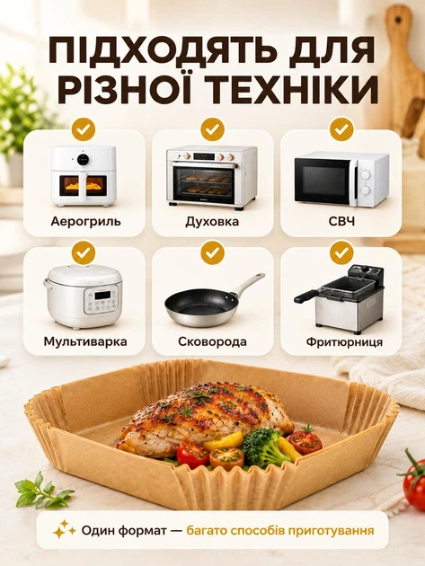 Пергаментні форми для аерогриля 20х4 5 см 100 шт квадратні вкладиші для аерогриля паперові форми для випікання одноразовий пергамент для духовки мультипечі форми для м’яса риби овочів картоплі та запікання - зображення 4